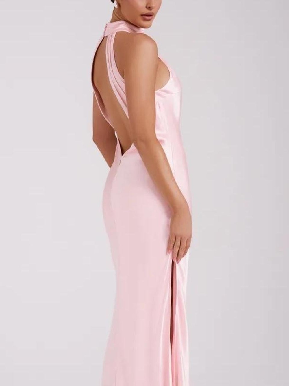 Meshki Claire High-Neck Satin Midi Dress in Light Pink